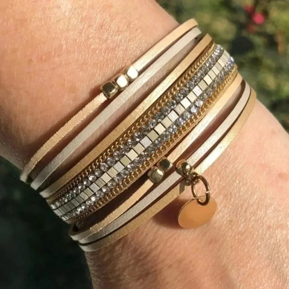 Elegant Silver and Gold Gem & Bead Leather Layered Magnetic Bracelet NWT